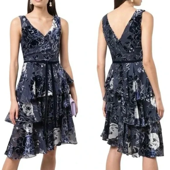 Marchesa Notte Cocktail Dress Tiered Velvet Burnout NWT 12 - Picture 2 of 12
